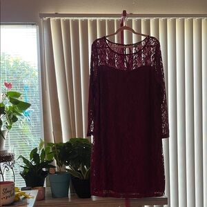 Jessica London Burgundy Lace Long Sleeve Dress